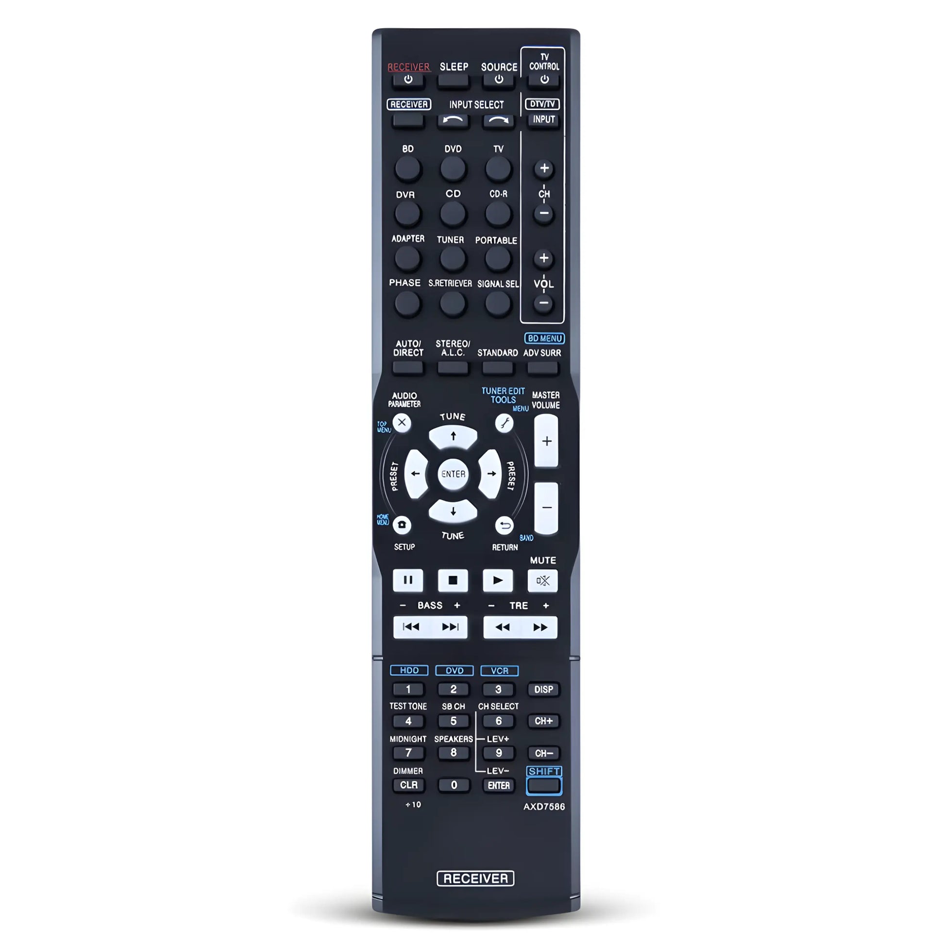 Pioneer AXD7534 Ersatz Fernbedienung für AV-Receiver. Frontansicht mit allen Tasten für Modelle wie VSX-519V und VSX-819H. Sofort einsatzbereit.