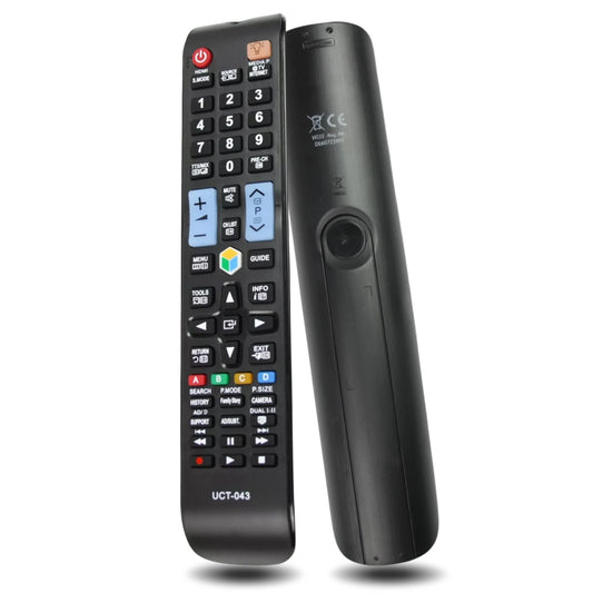 Die Ersatzfernbedienung für Samsung AA59-00741A von vorne und hinten, zeigt das Tastenlayout und das ergonomische Design.