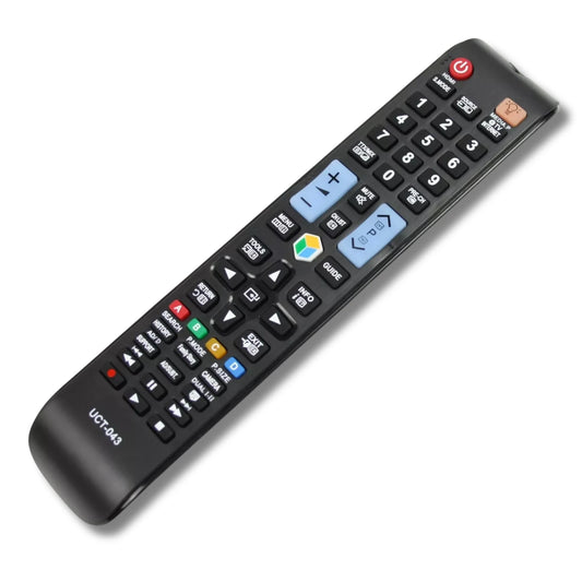 Schräge Draufsicht auf die Universal Ersatzfernbedienung, kompatibel mit Samsung AA59-01079A, mit Fokus auf die Smart-TV-Tasten.