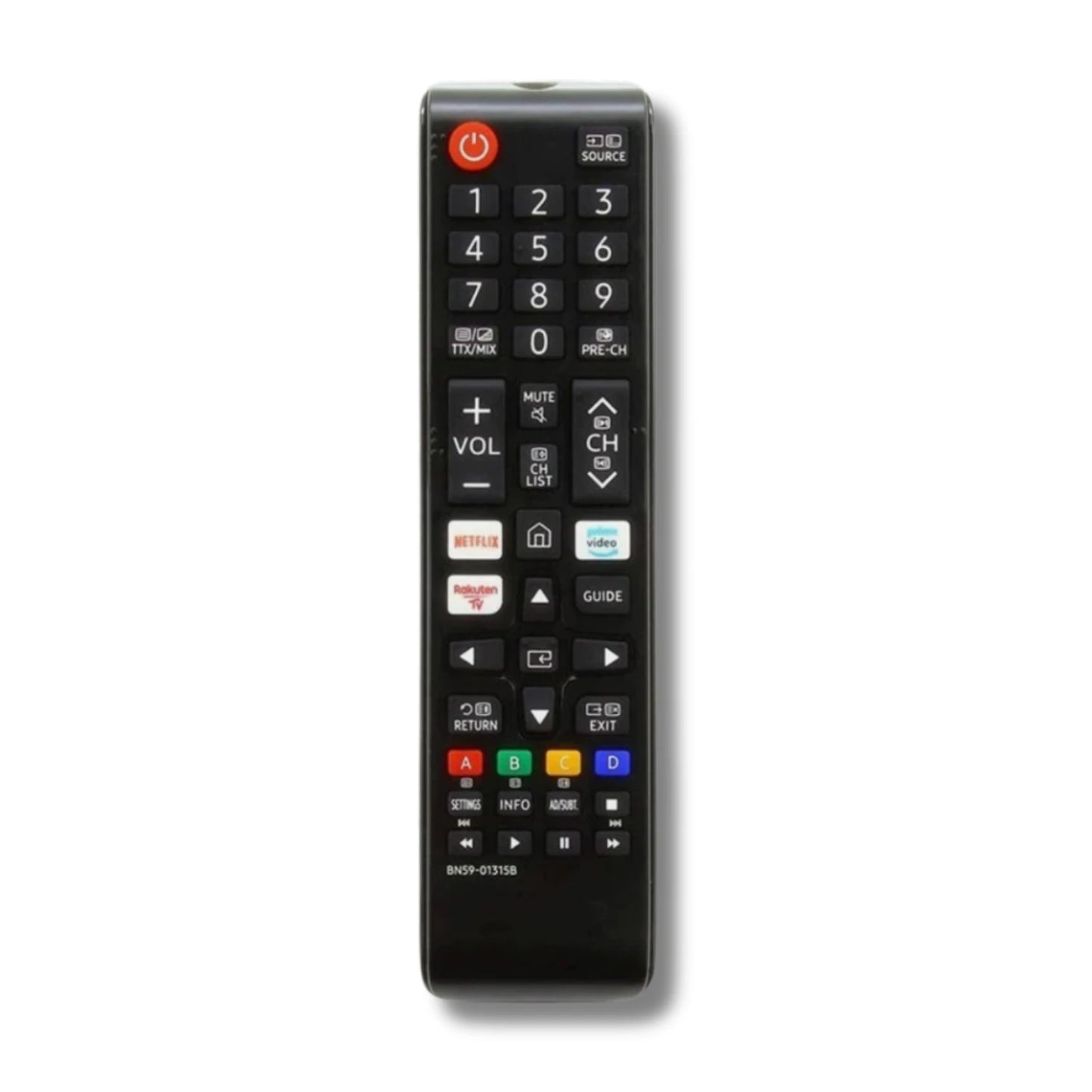  Das Tastenfeld der Samsung BN59-01315B Ersatzfernbedienung mit direkten Tasten für Netflix, Rakuten TV und Prime Video.
