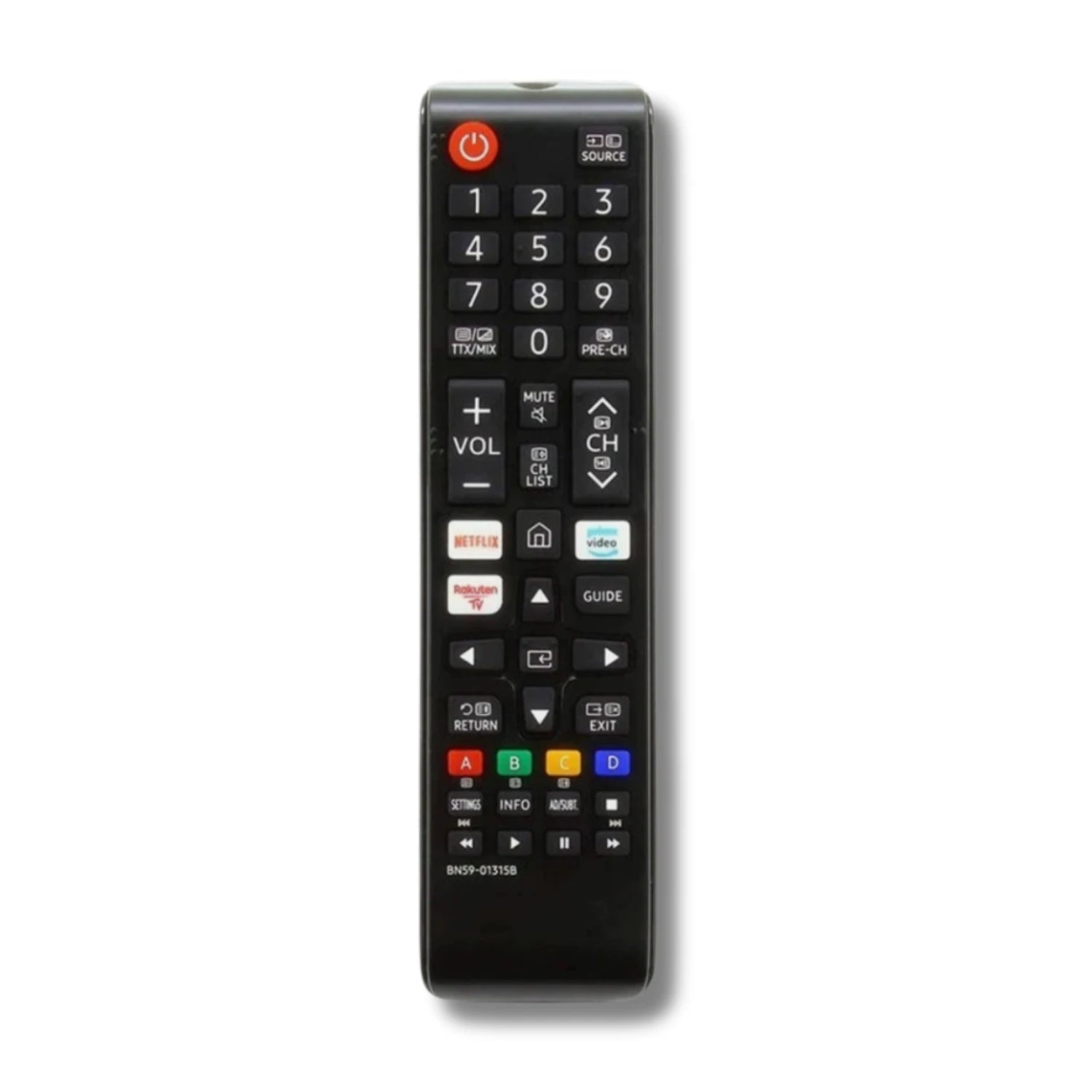  Das Tastenfeld der Samsung BN59-01315B Ersatzfernbedienung mit direkten Tasten für Netflix, Rakuten TV und Prime Video.