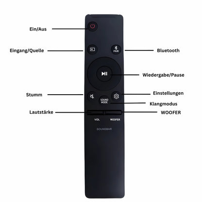 Universal Samsung Soundbar Ersatzfernbedienung AH59-02767A – kompatibel mit HW-N650, Q70R, T450, mit Tasten für Lautstärke, Woofer, Bluetooth und Klangmodus