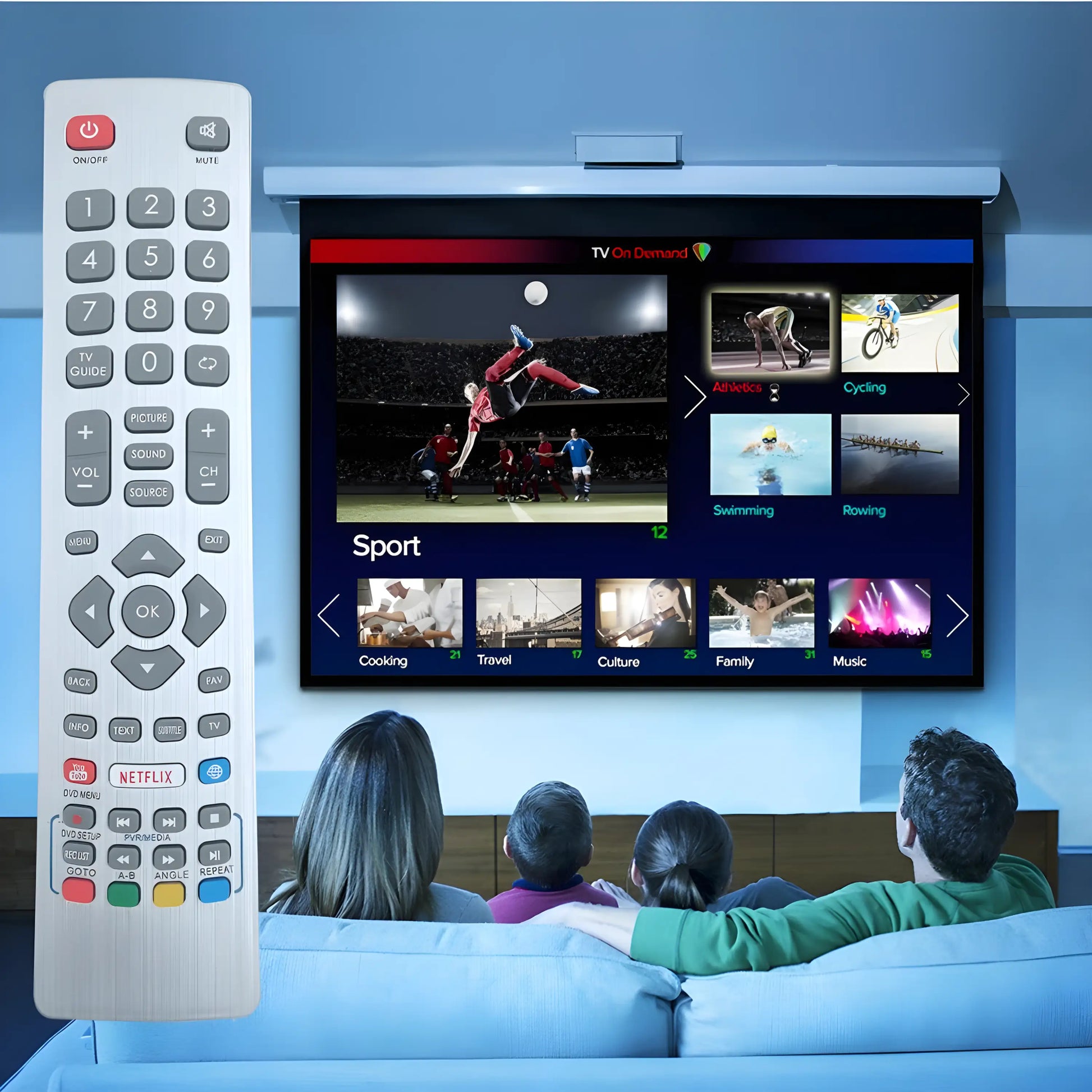 Sharp Aquos Ersatz Fernbedienung SHWRMC0115 im Familien-Kontext. Familie sieht Smart TV Inhalte mit Sport und On-Demand Menüs.