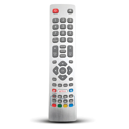 Detaillierte Vorderansicht der Sharp Aquos Ersatz Fernbedienung SHWRMC0115 mit Netflix und YouTube Tasten.