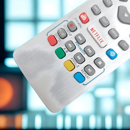 Makroaufnahme der Sharp Aquos Ersatz Fernbedienung mit Netflix YouTube und Farbtasten.