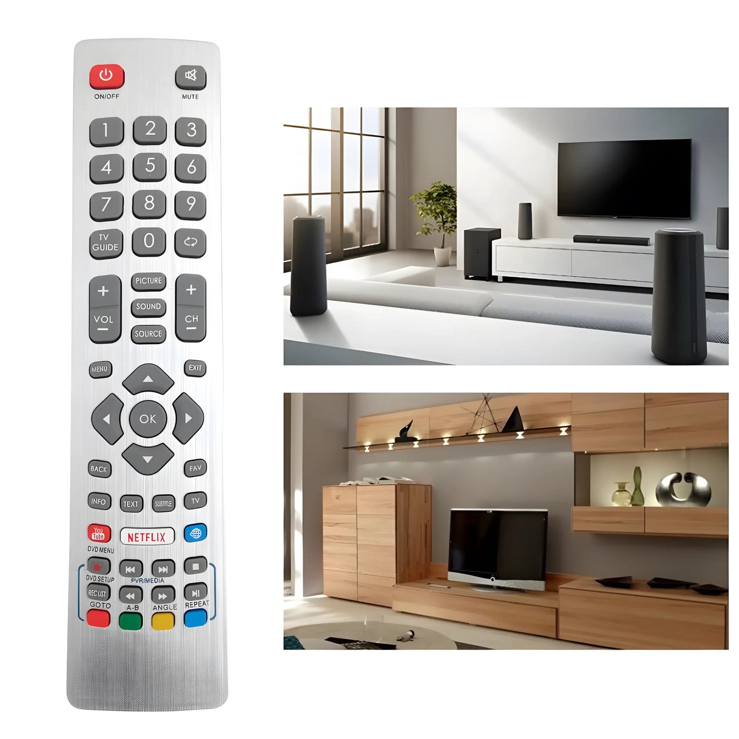 Sharp Aquos Ersatz Fernbedienung SHWRMC0115 im modernen Wohnzimmer-Ambiente mit TV Geräten.