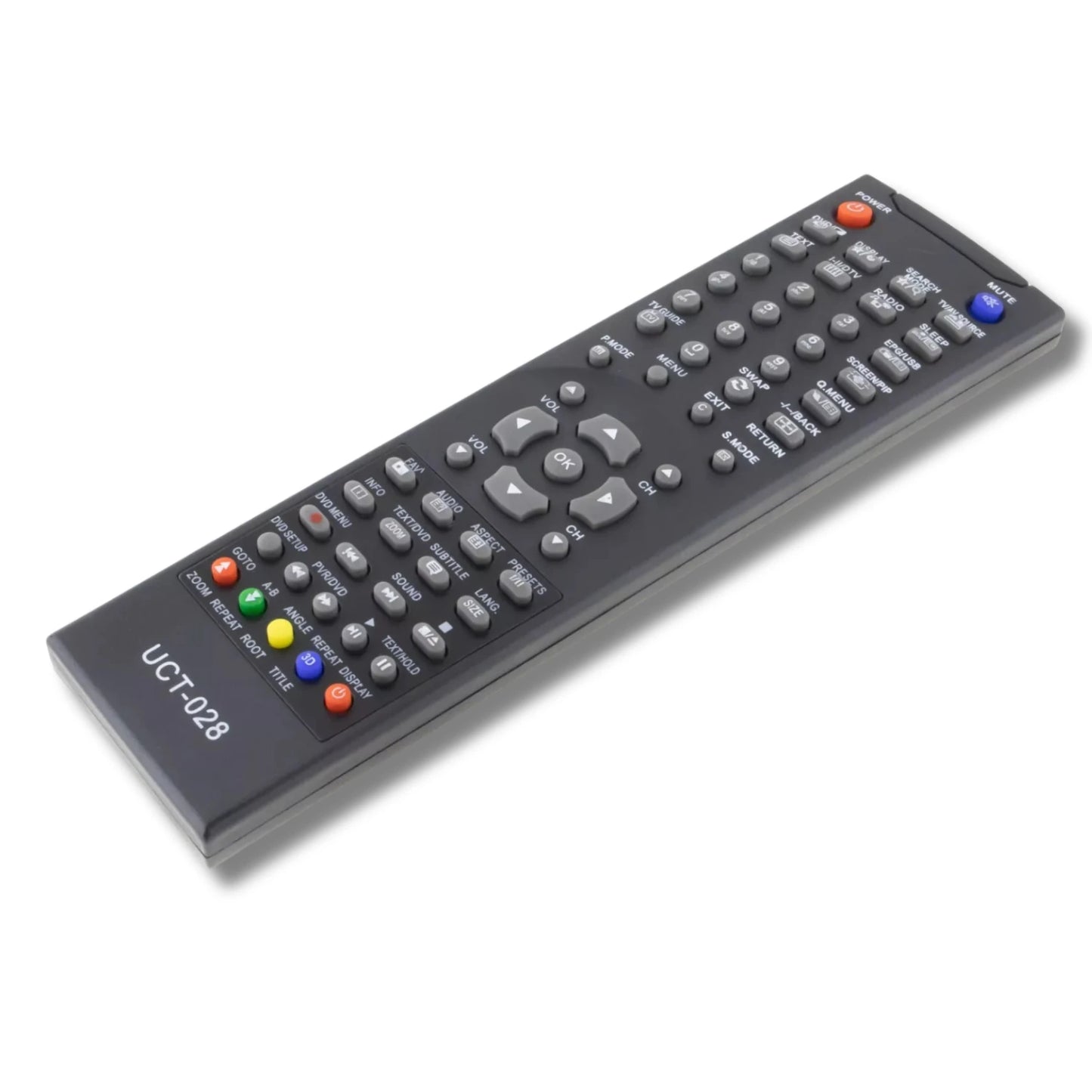 Das Tastenfeld der UCT-028 Fernbedienung, konzipiert als Ersatz für spezifische TV-Modelle von Technika und Orion.