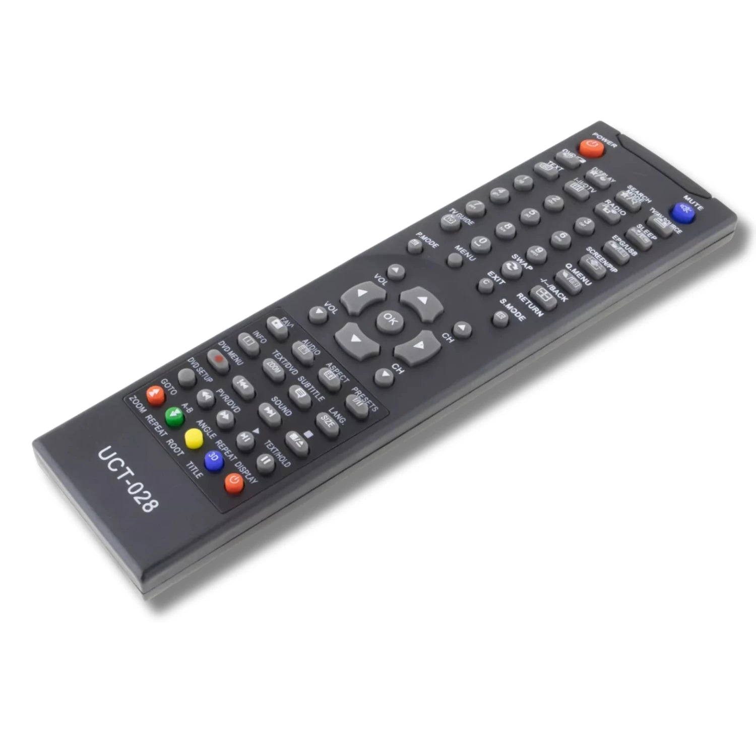 Das Tastenfeld der UCT-028 Fernbedienung, konzipiert als Ersatz für spezifische TV-Modelle von Technika und Orion.
