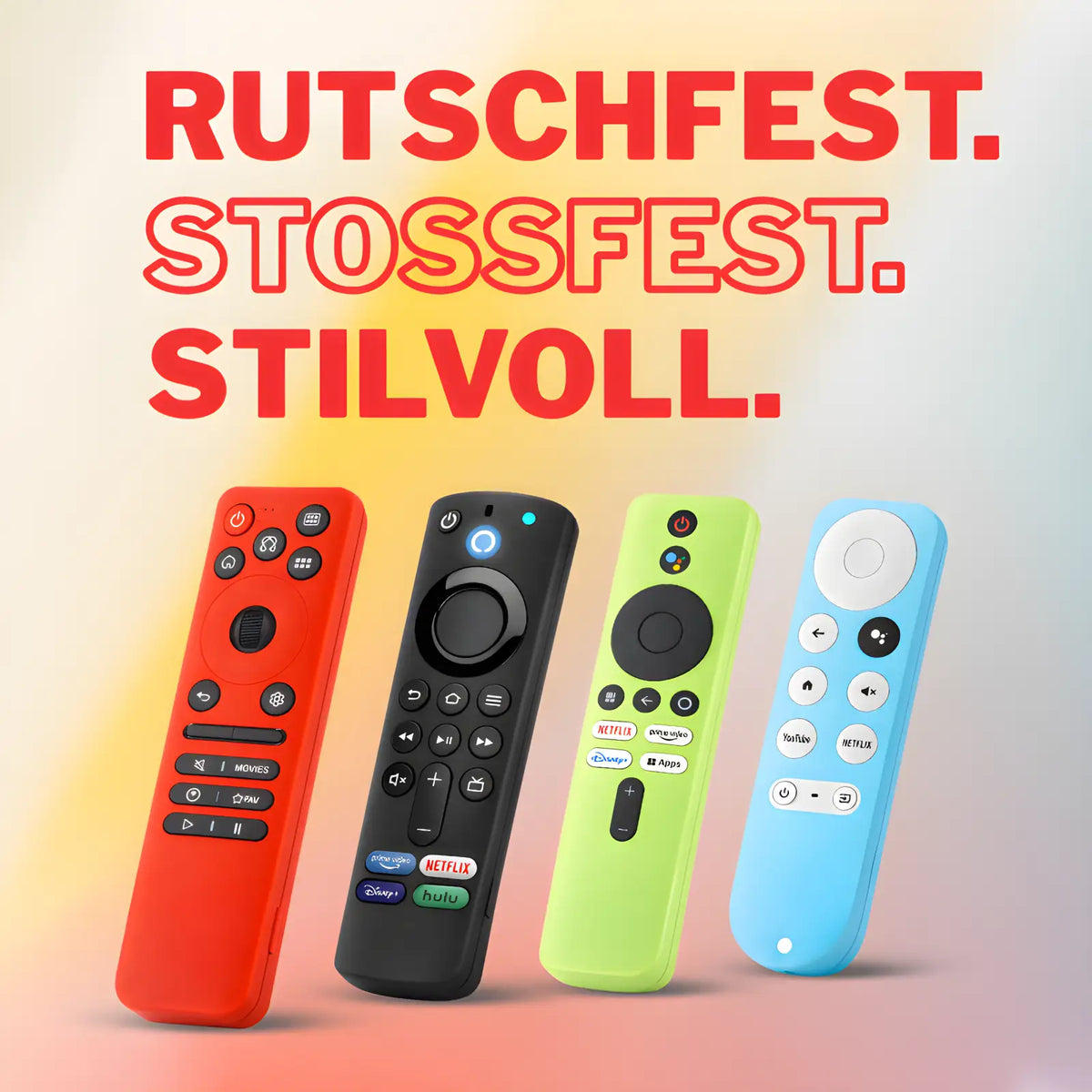 Mobile Banner der Silikon Schutzhüllen Kollektion mit verschiedenen Modellen in Rot, Schwarz, Hellgrün und Blau. Text: Rutschfest. Stoßfest. Stilvoll.