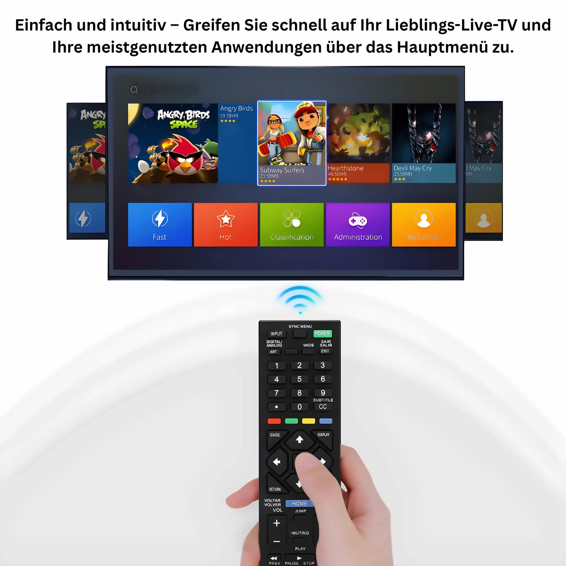 Sony RM-YD092 Universalfernbedienung in Benutzung – einfache und intuitive Steuerung von Live-TV und Smart-TV-Apps über das Hauptmenü