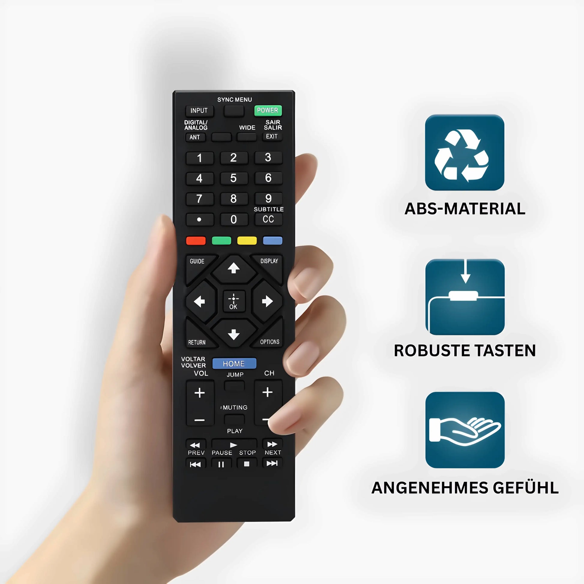 Sony RM-YD092 Universalfernbedienung in der Hand gehalten – gefertigt aus langlebigem ABS-Material, robuste Tasten und angenehmes Griffgefühl für alle Sony Bravia LCD und LED Fernseher