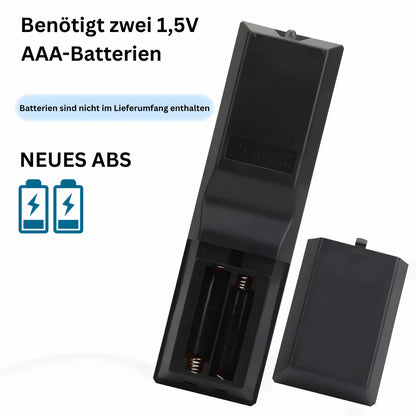 Rückseite der Sony RM-YD092 Universalfernbedienung mit offenem Batteriefach – benötigt zwei 1,5V AAA-Batterien, gefertigt aus neuem ABS-Material