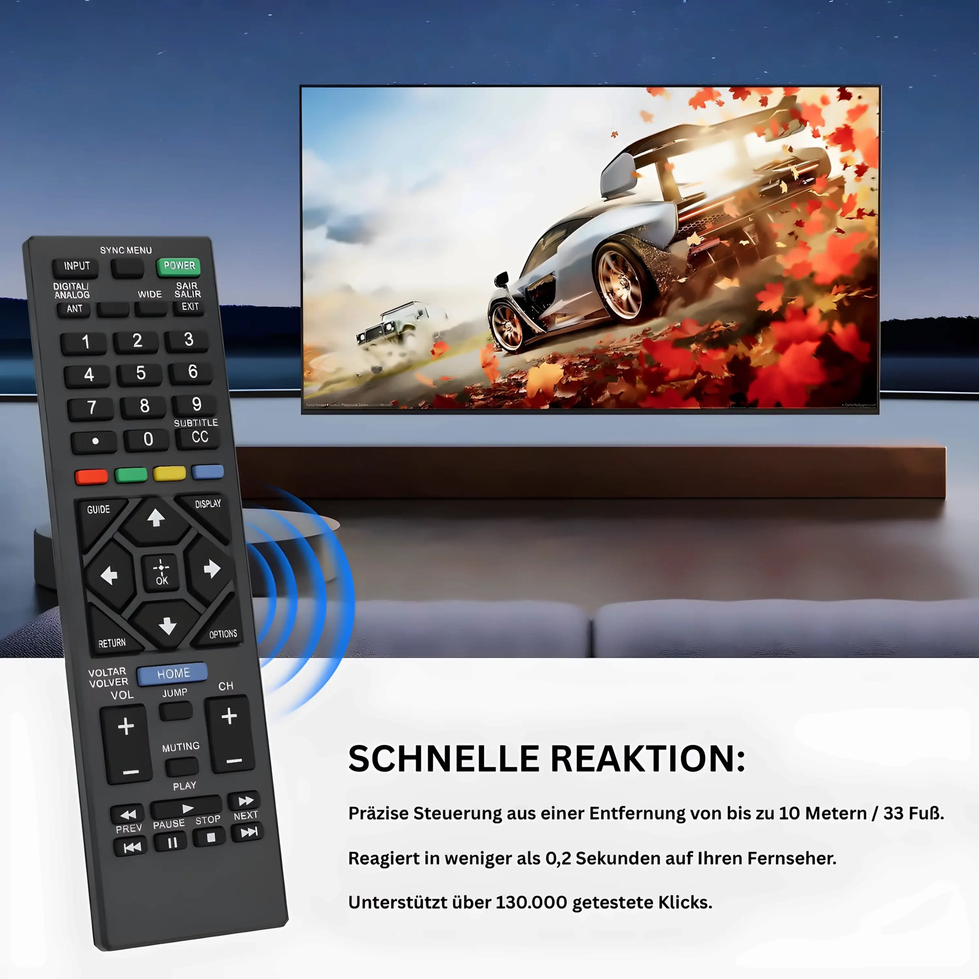 Sony RM-YD092 Universalfernbedienung mit schneller Reaktionszeit unter 0,2 Sekunden – präzise Steuerung für Bravia Fernseher bis zu 10 Meter Entfernung