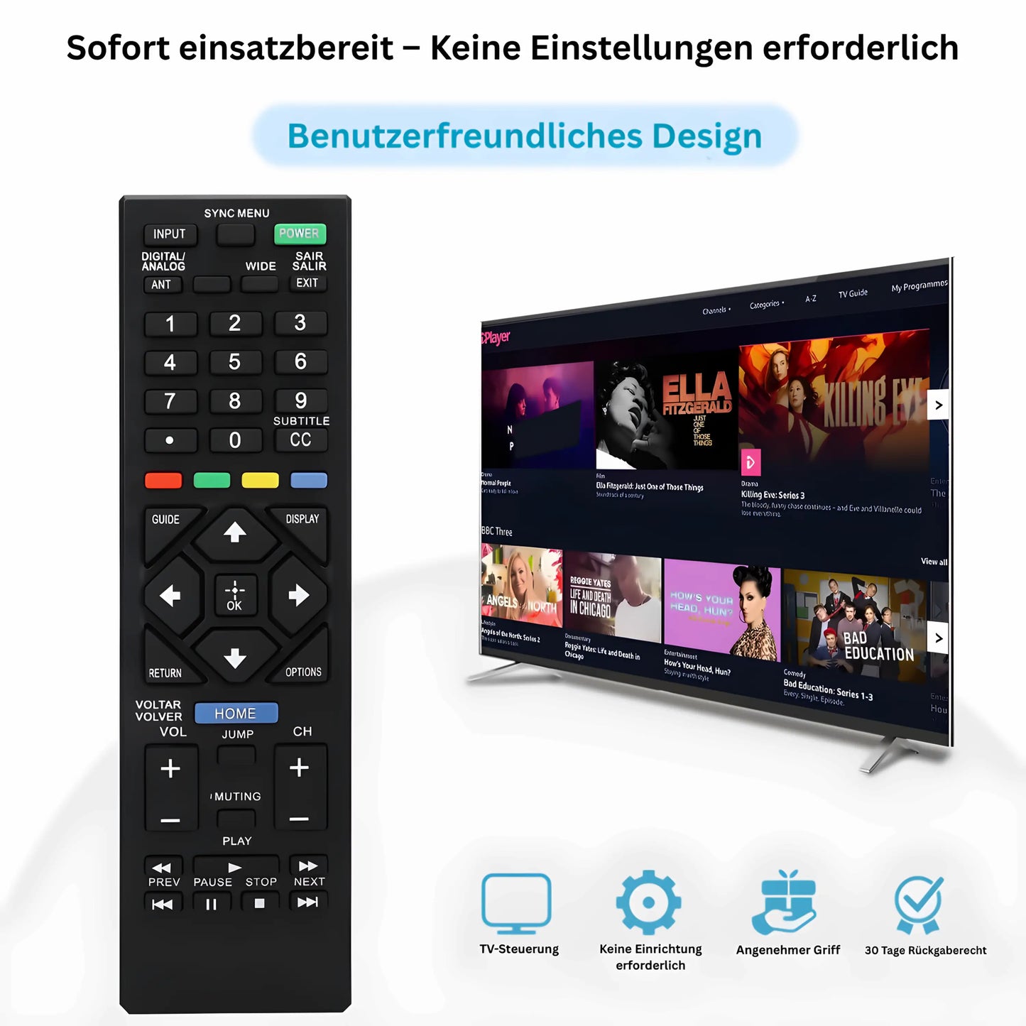 Sony RM-YD092 Universalfernbedienung mit benutzerfreundlichem Design, sofort einsatzbereit ohne Einrichtung – ideal für Sony Bravia LCD und LED Fernseher