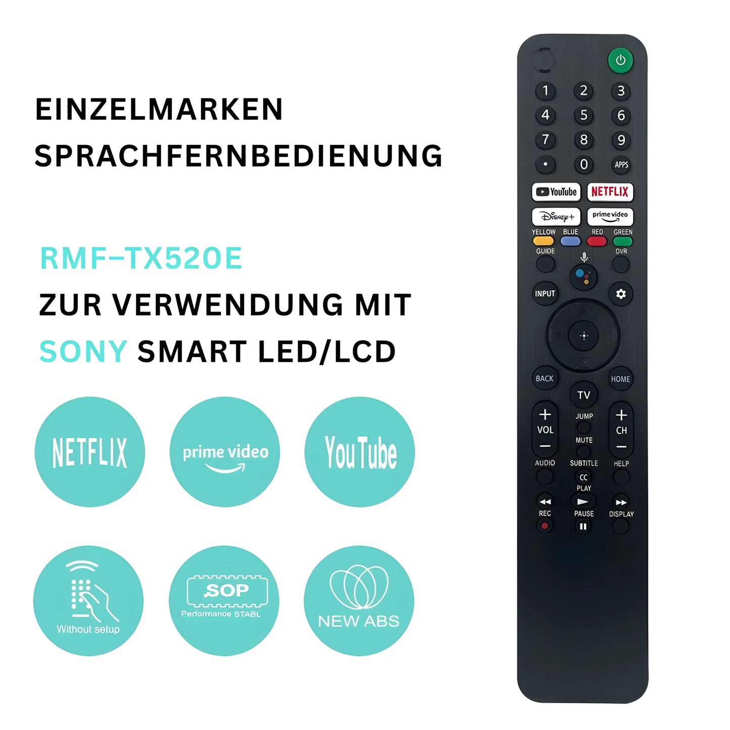 Sony RMF-TX520E Sprachfernbedienung mit Sprachsteuerung – geeignet für Sony Smart LED/LCD und Bravia Google TV, mit Netflix, Prime Video und YouTube Tasten