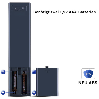 Rückansicht der Sony RMT-TX100D Ersatzfernbedienung mit geöffnetem Batteriefach – benötigt zwei 1,5V AAA-Batterien, hergestellt aus robustem ABS-Material