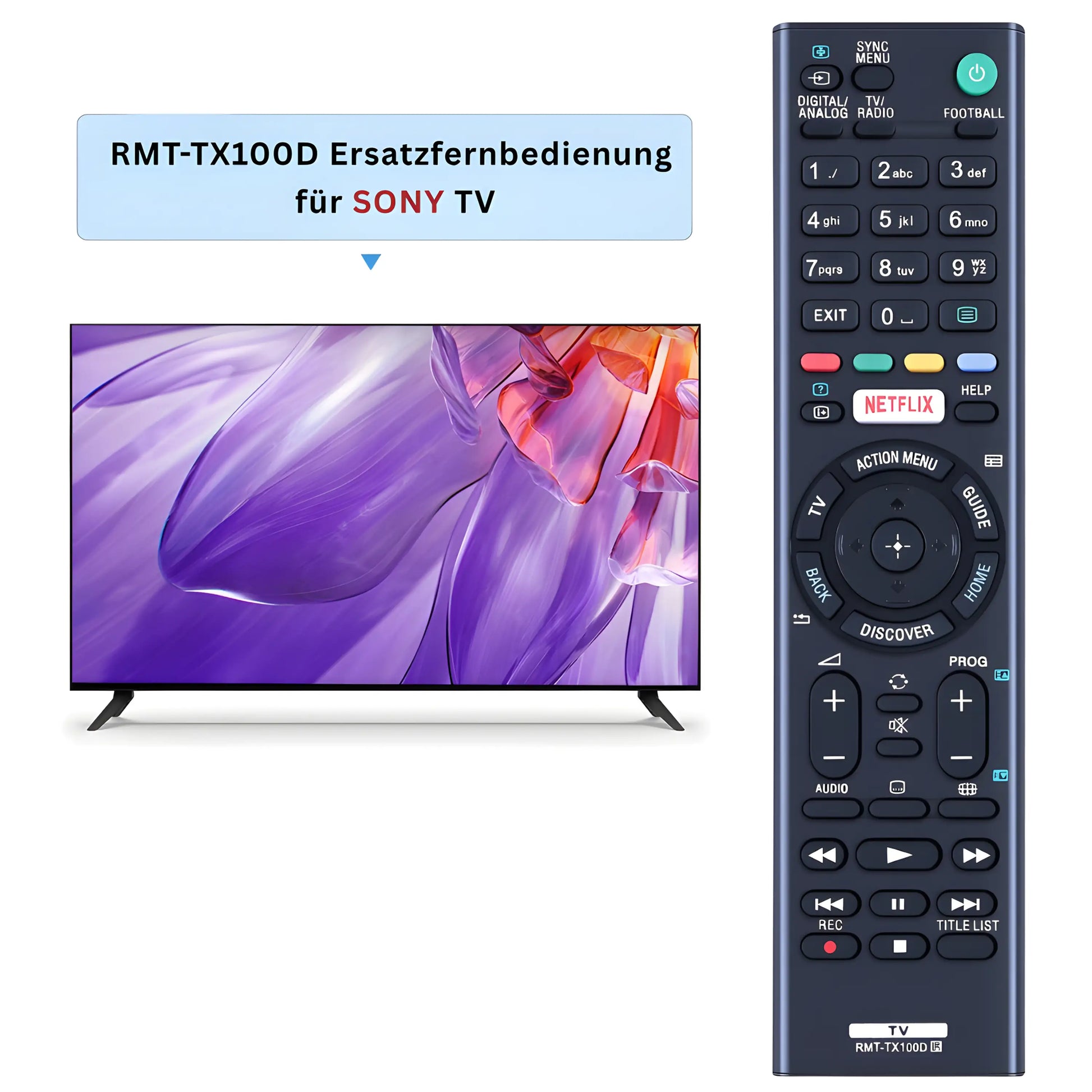Sony RMT-TX100D Ersatzfernbedienung für Sony Smart TVs – schwarze Fernbedienung mit Netflix-Schnelltaste neben Bravia Fernseher mit lebendigem Display