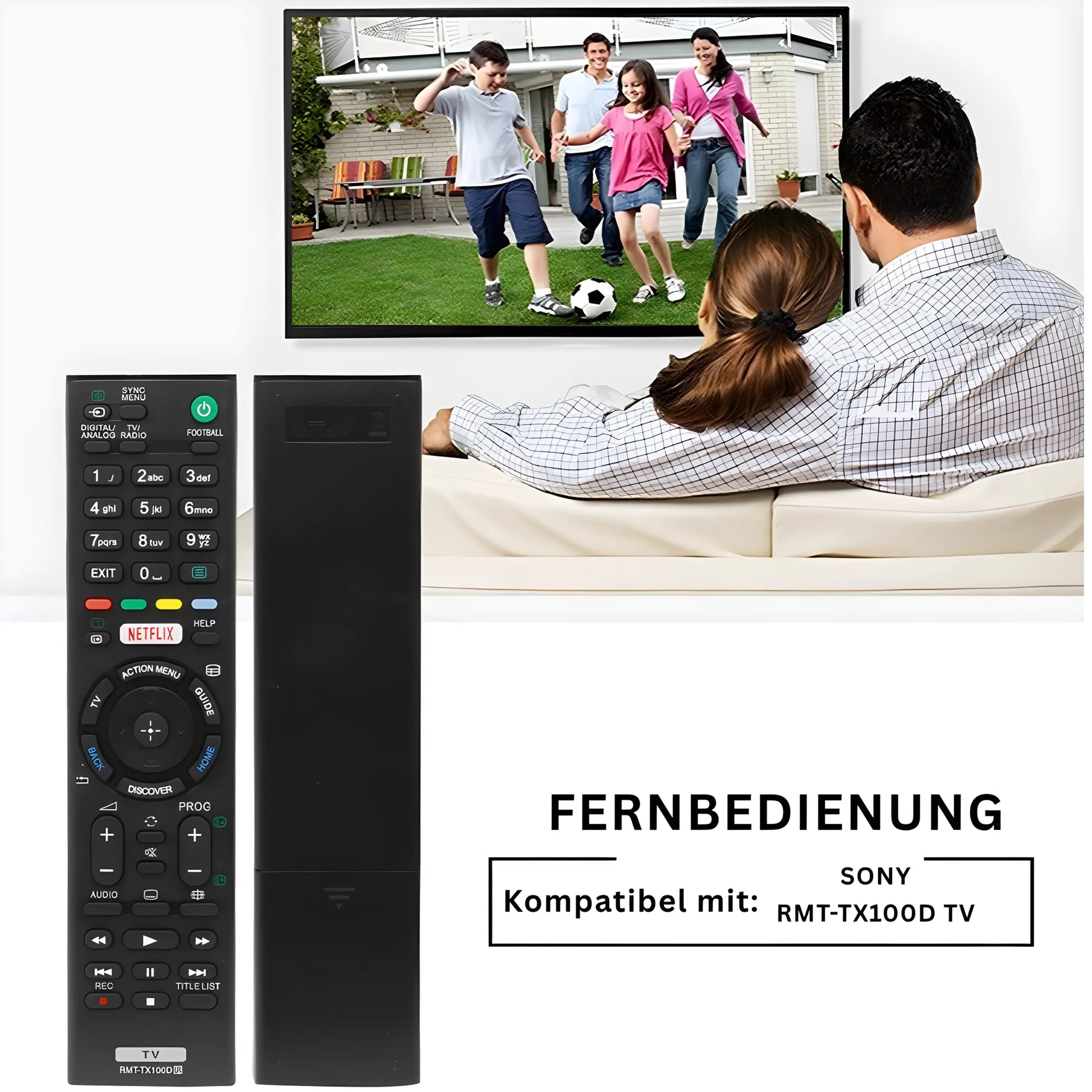 Sony RMT-TX100D Ersatzfernbedienung kompatibel mit Bravia KD (4K) und KDL (HD) Android Smart TVs – zeigt Vorder- und Rückansicht der Fernbedienung im Wohnzimmerumfeld