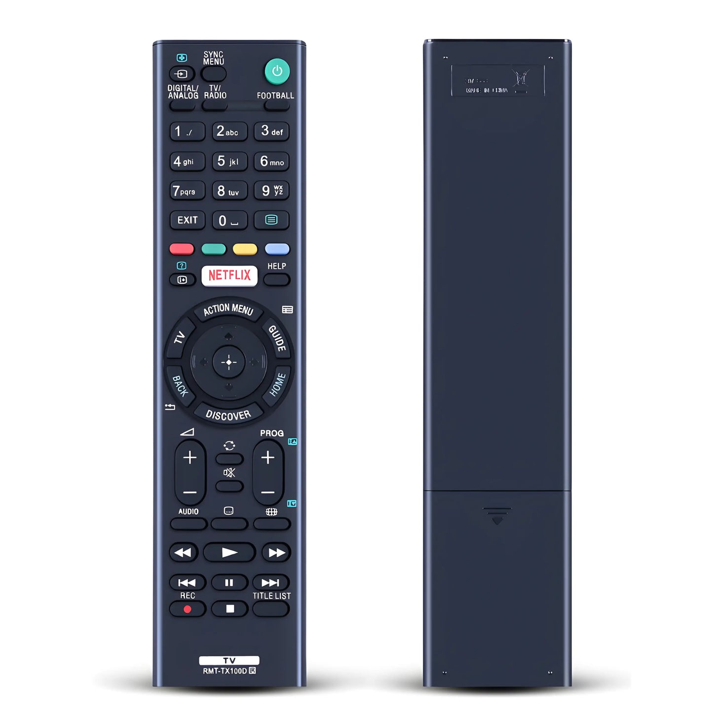 Sony RMT-TX100D Ersatzfernbedienung – Vorder- und Rückansicht der schwarzen Fernbedienung, kompatibel mit Sony Bravia KD und KDL Smart TVs, inklusive Netflix-Taste