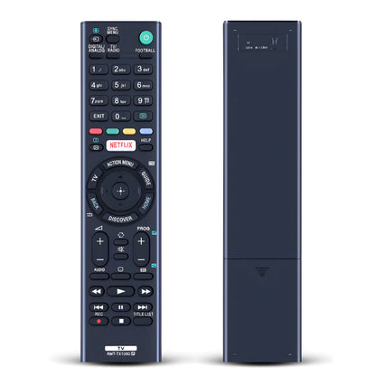 Sony RMT-TX100D Ersatzfernbedienung – Vorder- und Rückansicht der schwarzen Fernbedienung, kompatibel mit Sony Bravia KD und KDL Smart TVs, inklusive Netflix-Taste