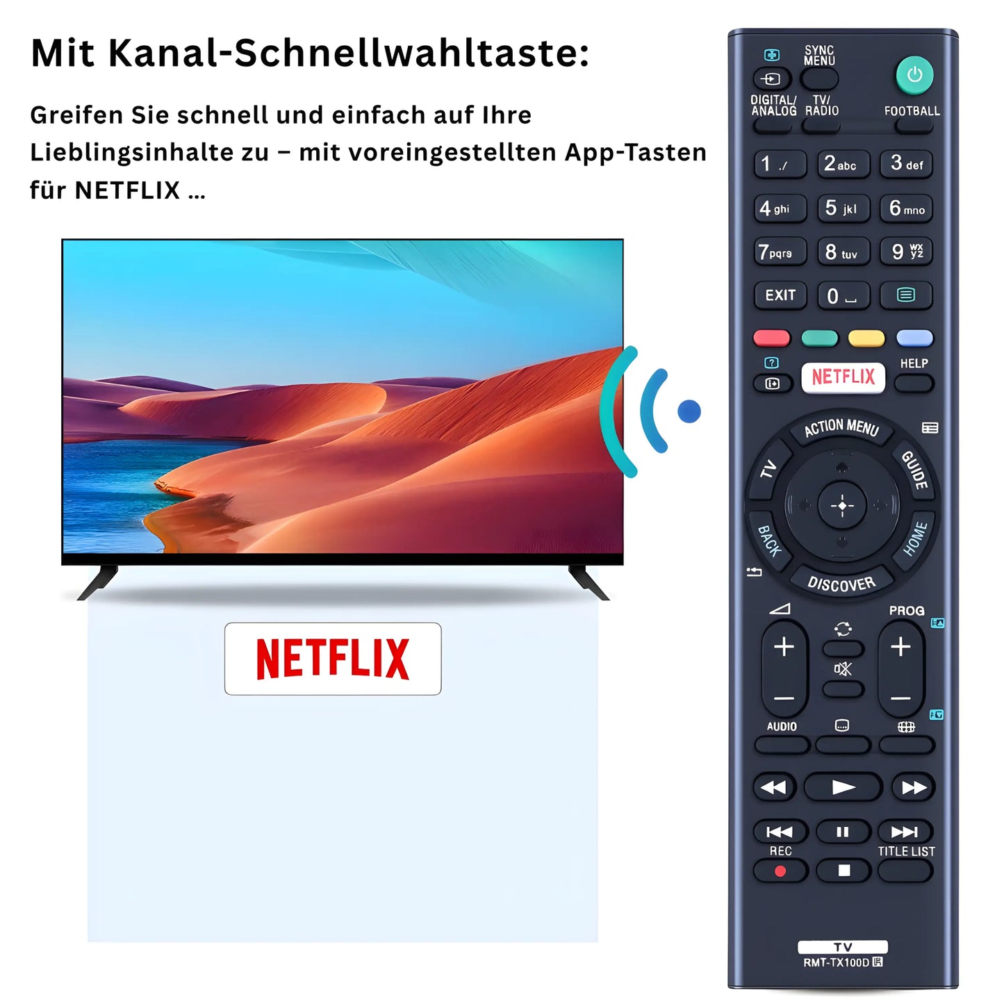 Sony RMT-TX100D Ersatzfernbedienung für Bravia KD (4K) und KDL (HD) Android Smart TVs – mit Netflix-Schnellwahltaste und direktem Zugriff auf Lieblingsinhalte