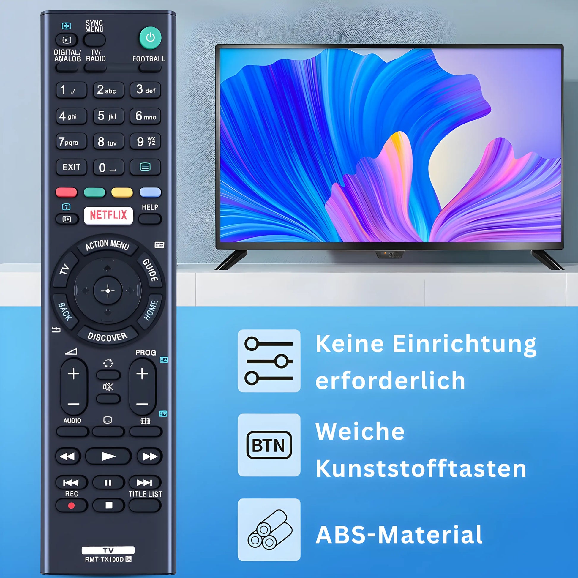 Sony RMT-TX100D Ersatzfernbedienung für Sony Bravia Smart TVs – schwarze Fernbedienung mit Netflix-Taste, weichen Kunststofftasten und robustem ABS-Gehäuse, keine Einrichtung erforderlich