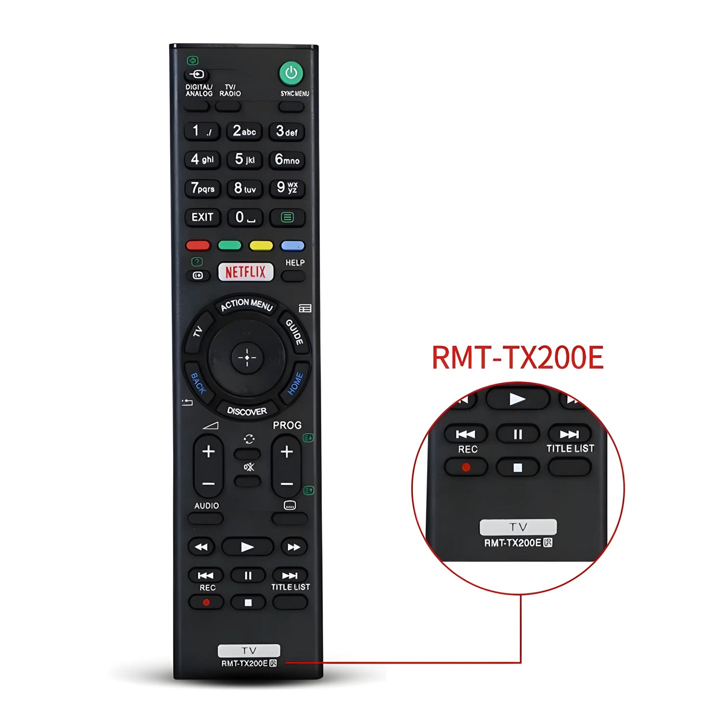 Detailansicht der Sony RMT-TX200E Ersatzfernbedienung – Modellbezeichnung hervorgehoben, kompatibel mit Sony Bravia 4K HDR Android Fernsehern