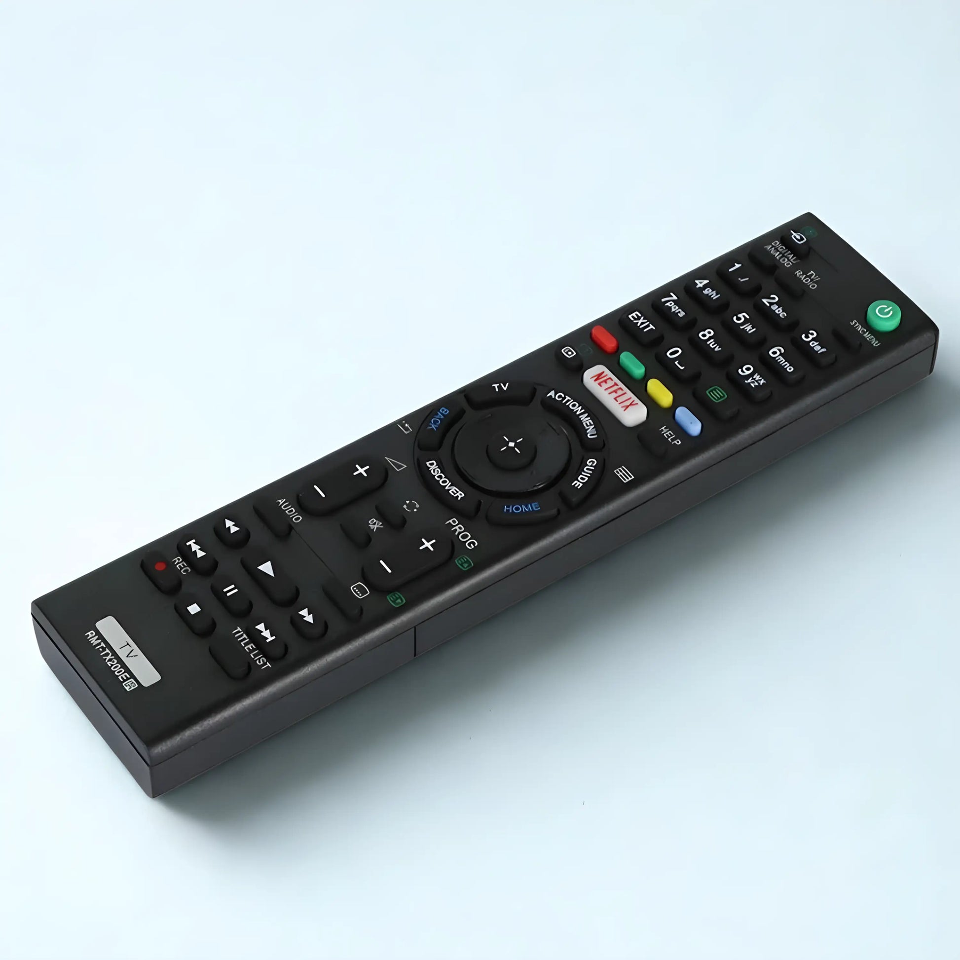 Sony RMT-TX200E Ersatzfernbedienung in schräger Ansicht – kompatibel mit Sony Bravia 4K HDR Android TVs, inklusive Netflix-Schnelltaste