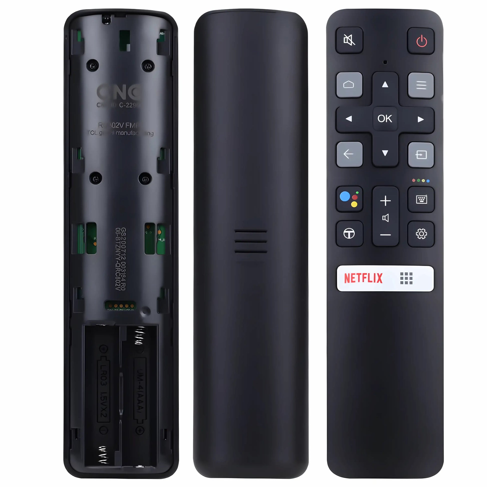 TCL RC802V Ersatz Fernbedienung mit geöffnetem Batteriefach – Bluetooth- und Sprachsteuerung, passend für TCL 55EP680 und 50EP660