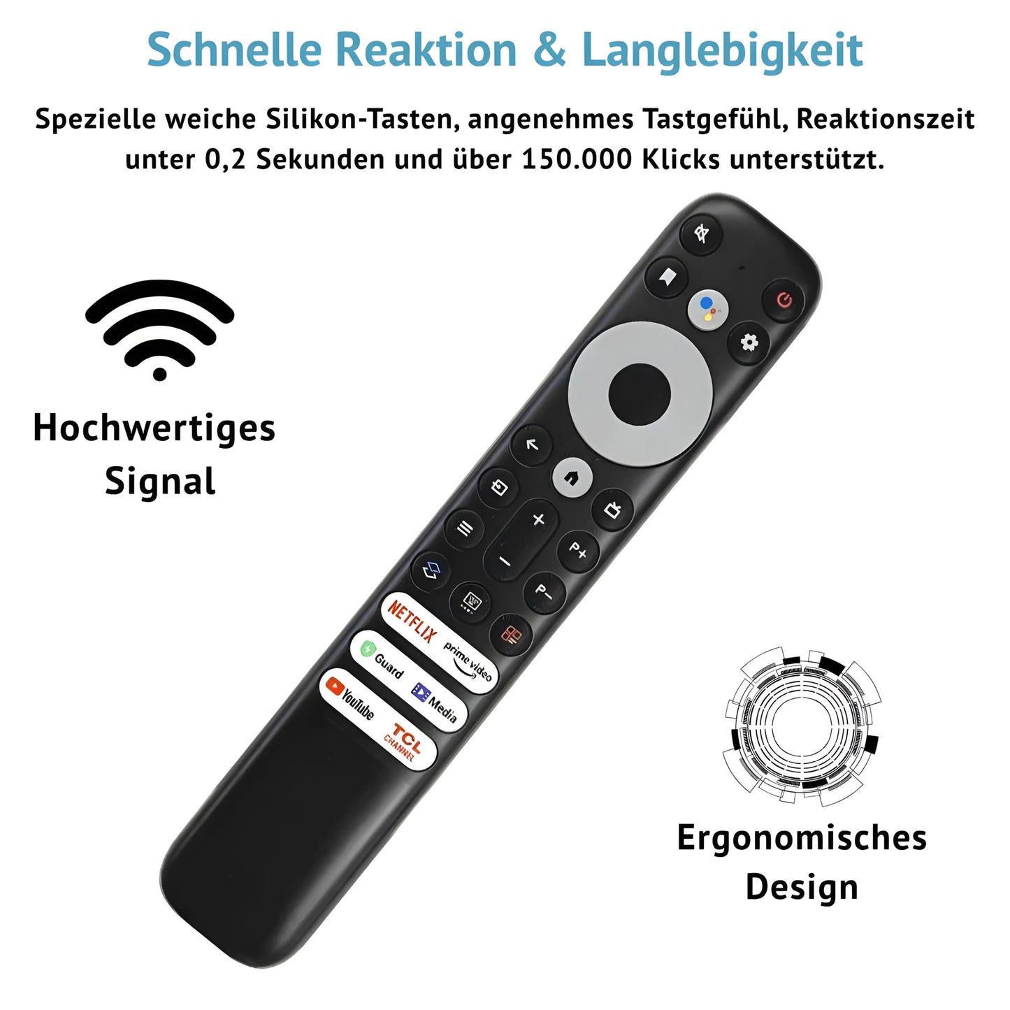Ersatz Fernbedienung RC902V für TCL 4K Smart TV. Hervorhebung der Langlebigkeit, schnellen Reaktion und des ergonomischen Designs. Hochwertiges Signal.