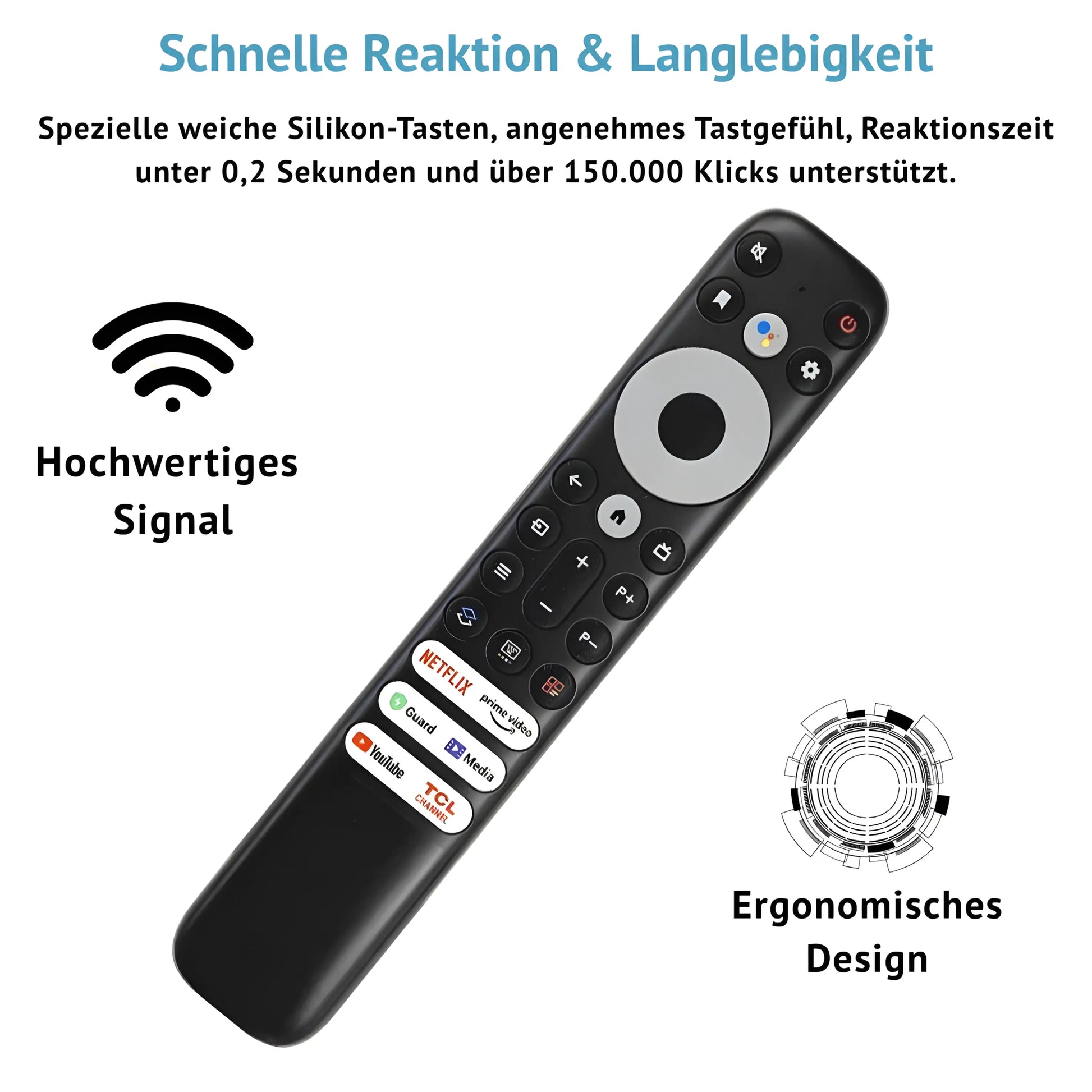 Ersatz Fernbedienung RC902V für TCL 4K Smart TV. Hervorhebung der Langlebigkeit, schnellen Reaktion und des ergonomischen Designs. Hochwertiges Signal.