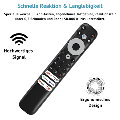 Ersatz Fernbedienung RC902V für TCL 4K Smart TV. Hervorhebung der Langlebigkeit, schnellen Reaktion und des ergonomischen Designs. Hochwertiges Signal.