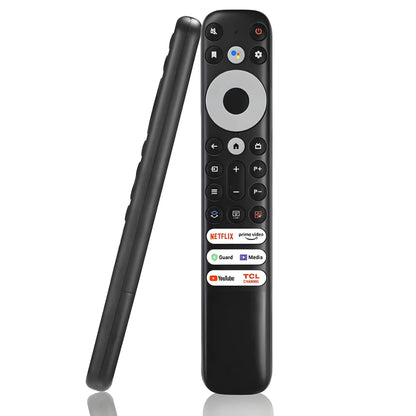 Ersatz Fernbedienung RC902V für TCL Android TV. Frontal- und Seitenansicht des schlanken Designs. Netflix und YouTube Direktzugriff.