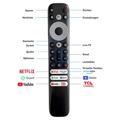 Ersatz Fernbedienung RC902V für TCL 4K Smart TV. Detaillierte Tastenbelegung und Funktionsübersicht (Netflix, Lautstärke, Startseite). QLED kompatibel.