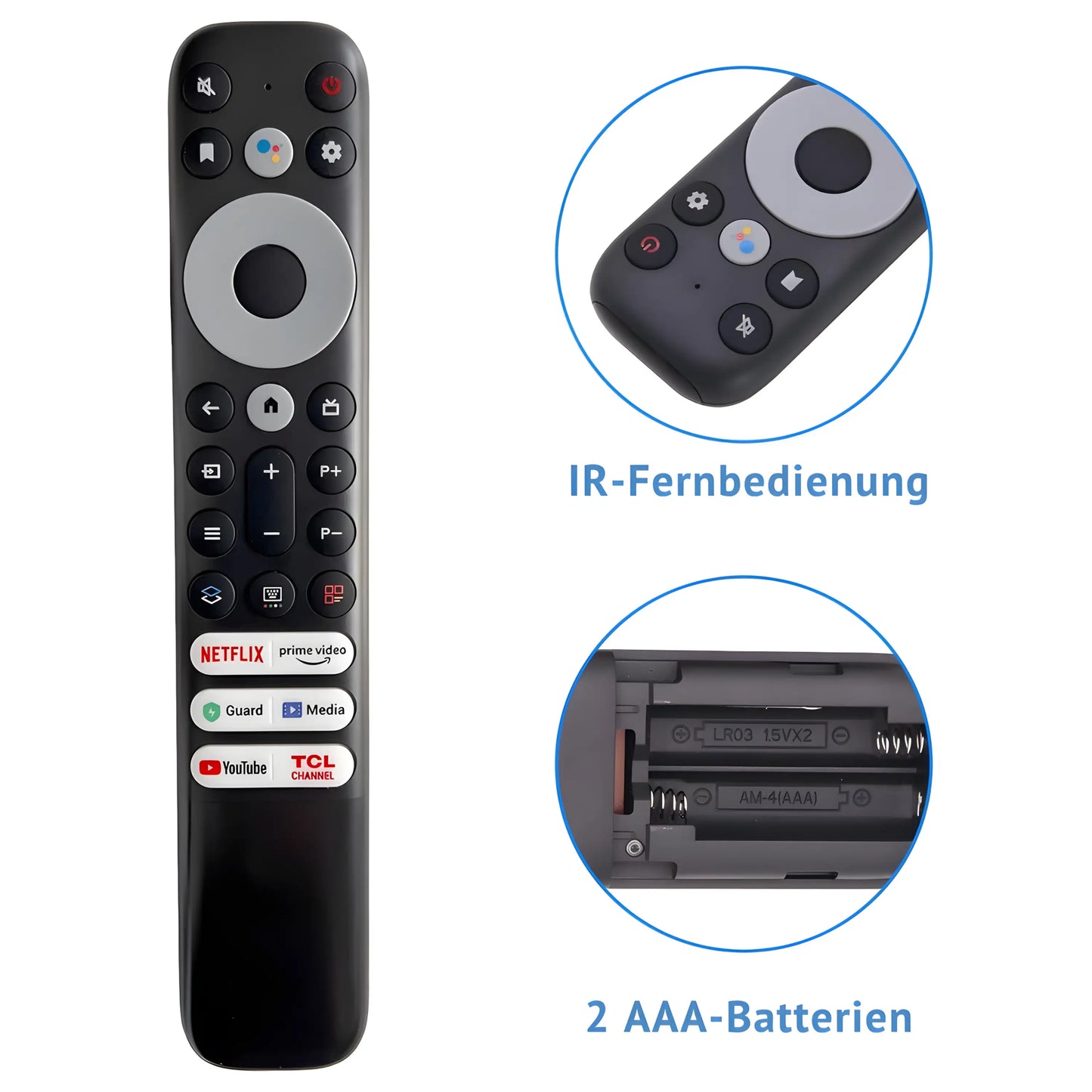 Ersatz Fernbedienung RC902V für TCL Smart TV. Ansicht der Tasten, inkl. Netflix und YouTube App-Tasten. Benötigt 2x AAA-Batterien.