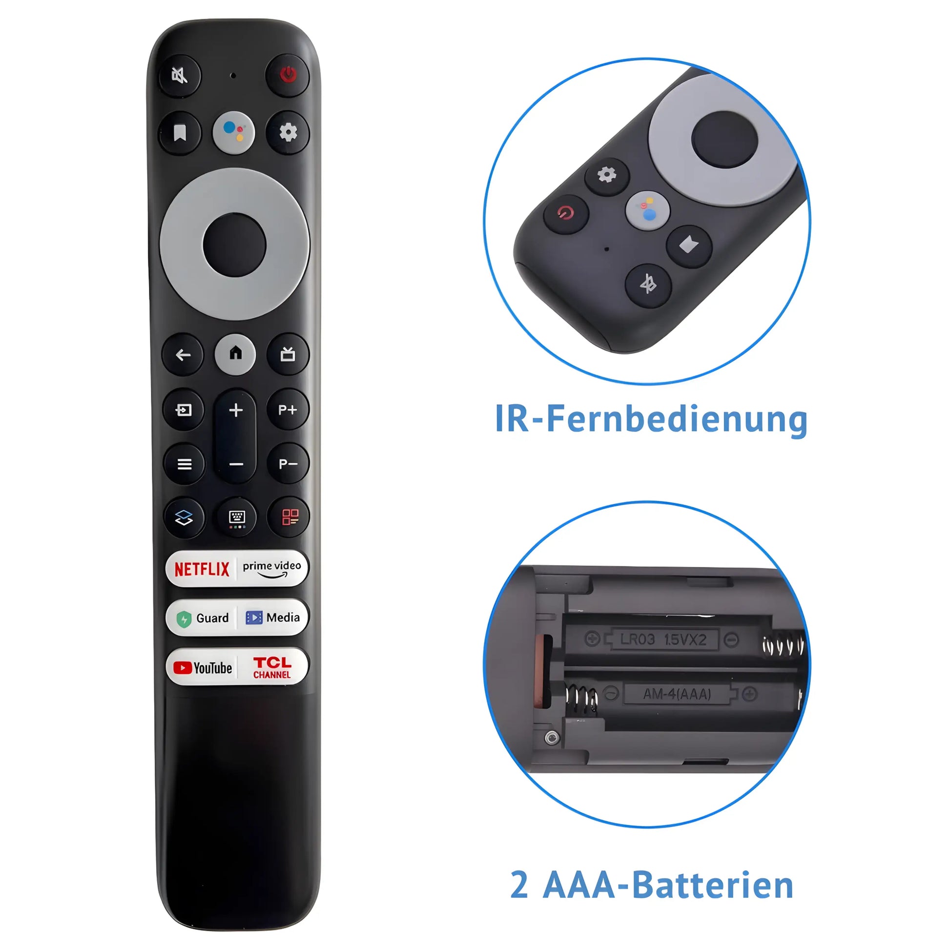 Ersatz Fernbedienung RC902V für TCL Smart TV. Ansicht der Tasten, inkl. Netflix und YouTube App-Tasten. Benötigt 2x AAA-Batterien.
