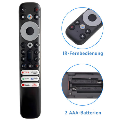 Ersatz Fernbedienung RC902V für TCL Smart TV. Ansicht der Tasten, inkl. Netflix und YouTube App-Tasten. Benötigt 2x AAA-Batterien.
