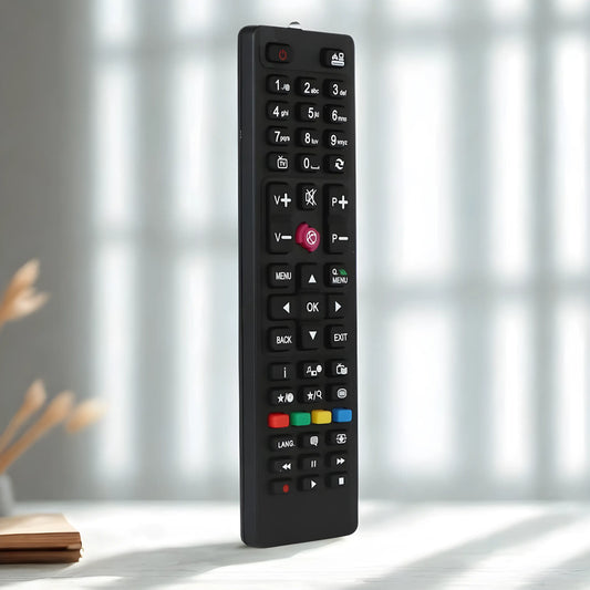 Telefunken RC4875 Universal Ersatzfernbedienung stehend auf Tisch – kompatibel mit Telefunken, Finlux und Vestel Fernsehern