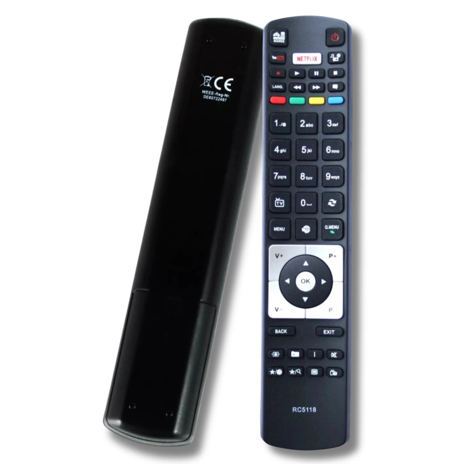 Die Ersatzfernbedienung für Telefunken RC5118 von vorne und hinten, die den roten Netflix-Button hervorhebt.