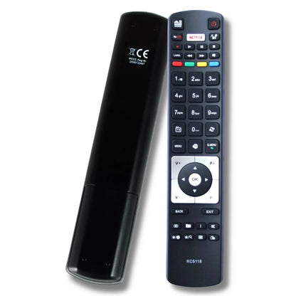 Die Ersatzfernbedienung für Telefunken RC5118 von vorne und hinten, die den roten Netflix-Button hervorhebt.