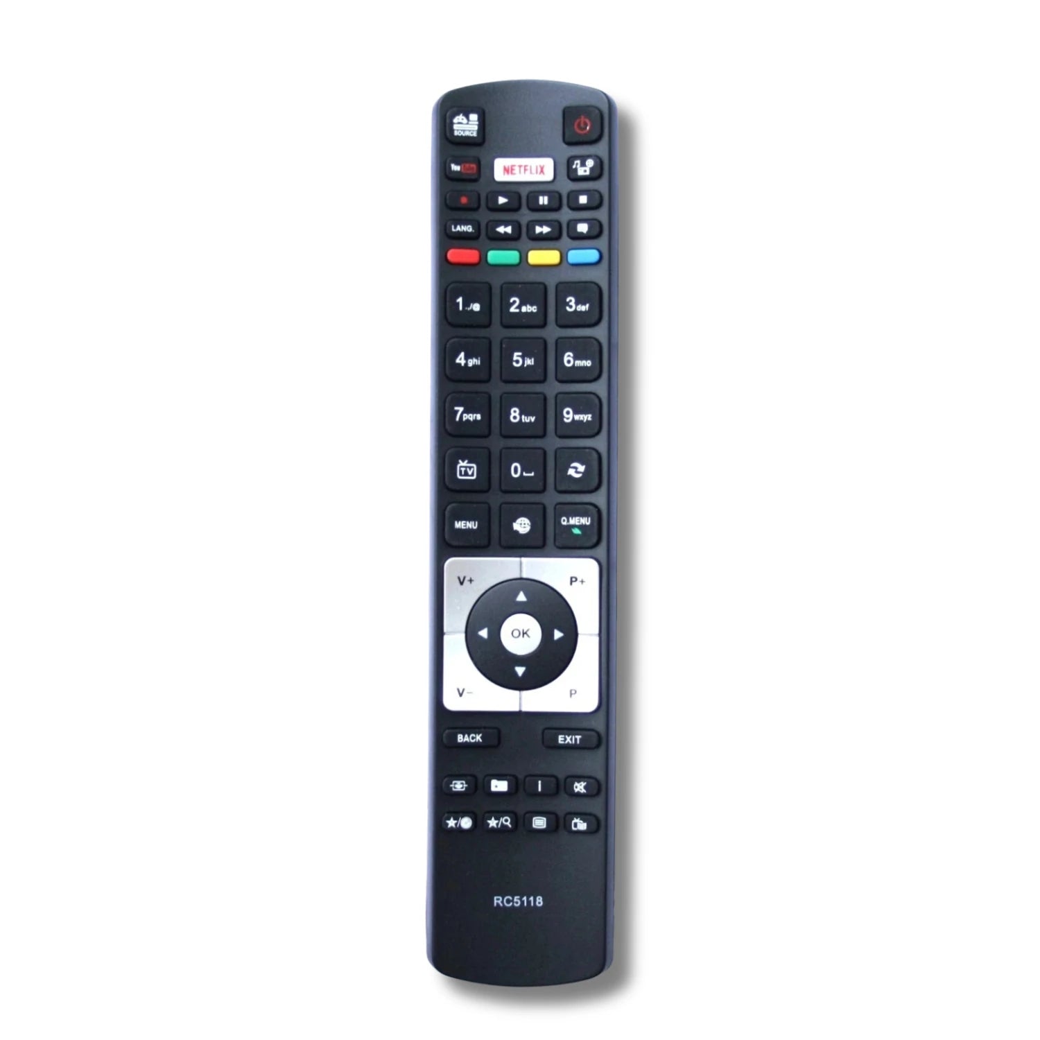 Das Tastenfeld der Telefunken RC5118 Ersatzfernbedienung mit einer gut sichtbaren, dedizierten Netflix-Taste.