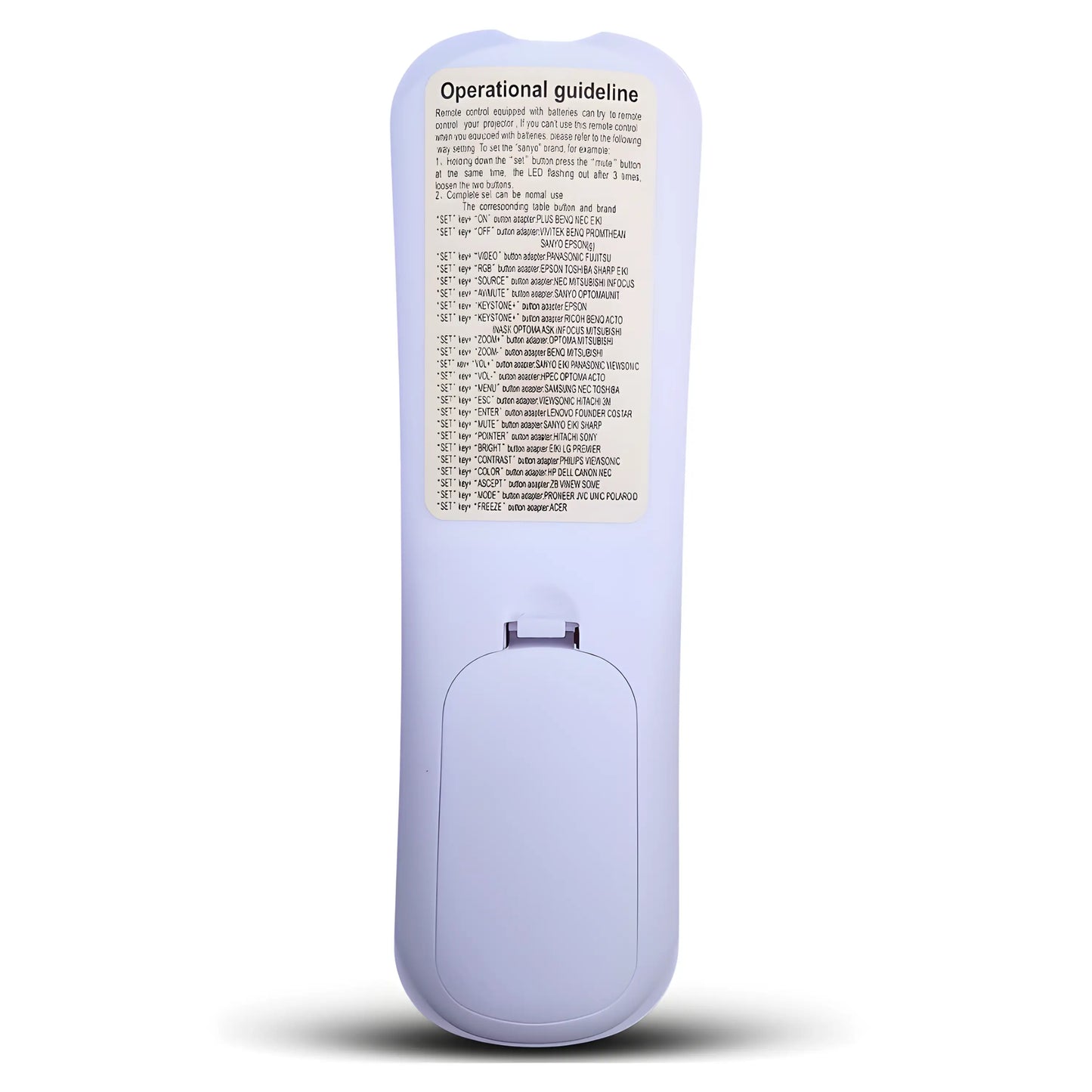 Rückansicht der Universal Beamer Fernbedienung mit Anleitung, kompatibel mit Samsung, Epson, Sony, BenQ, NEC, Panasonic und weiteren Projektoren
