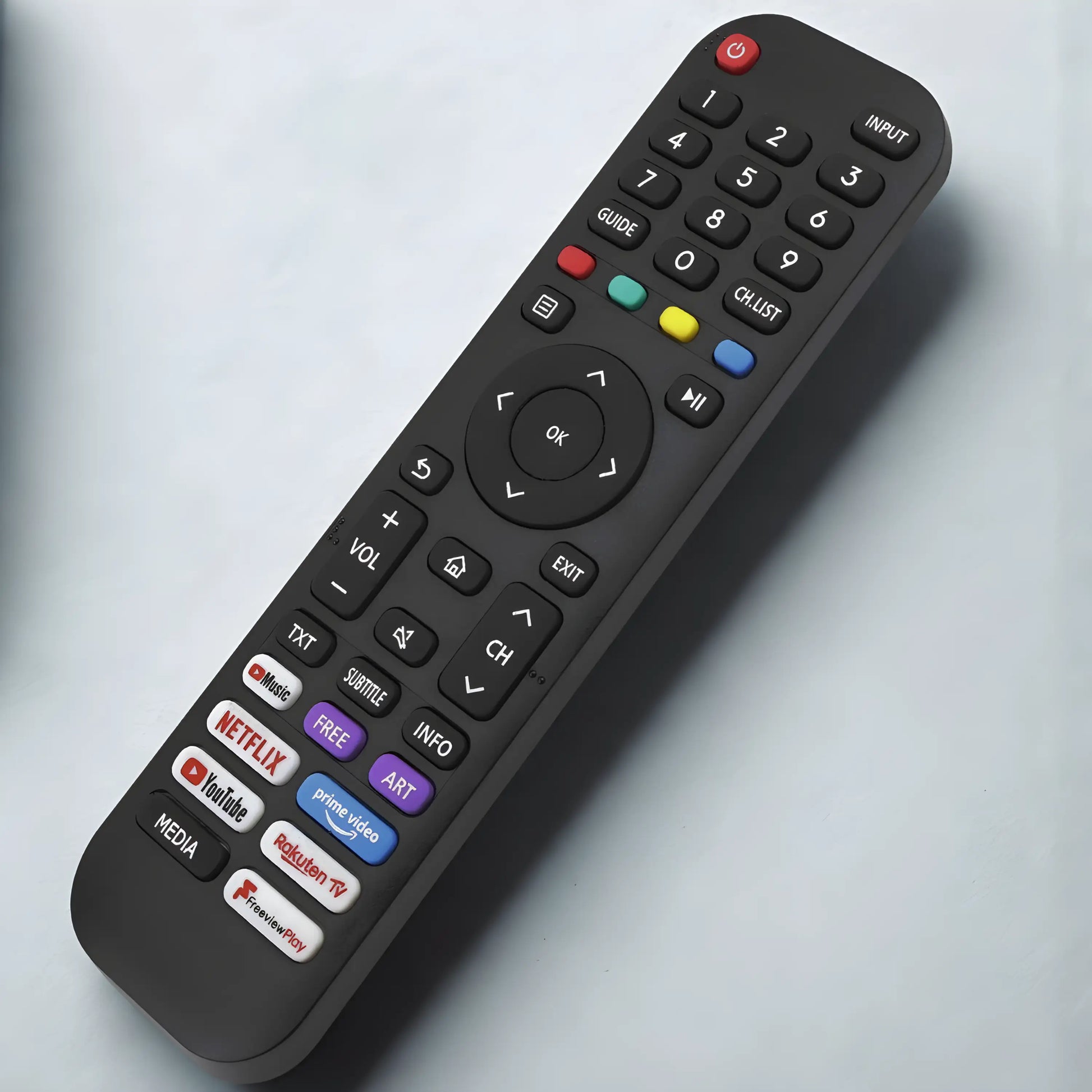 Universal Ersatz Fernbedienung für Hisense Smart TV Modelle. Zeigt alle App-Tasten (Netflix, YouTube, Prime Video) und das Navigationskreuz. Sofort einsatzbereit.