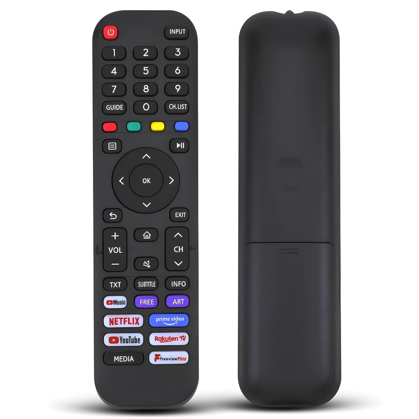 Universal Ersatz Fernbedienung für alle Hisense Smart TV Modelle. Vorder- und Rückseitenansicht. Mit Netflix und YouTube Direktwahltasten. Keine Programmierung nötig.