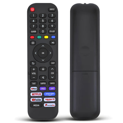 Universal Ersatz Fernbedienung für alle Hisense Smart TV Modelle. Vorder- und Rückseitenansicht. Mit Netflix und YouTube Direktwahltasten. Keine Programmierung nötig.
