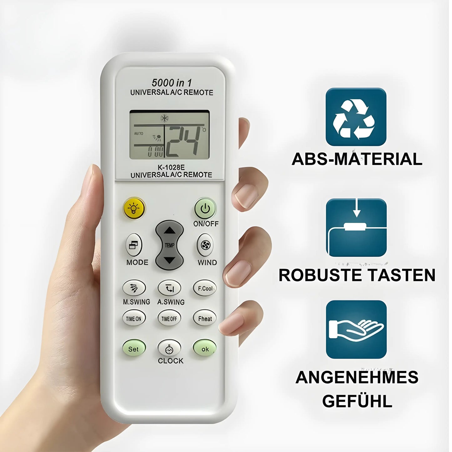 Universal Klimaanlagen Fernbedienung 5000-in-1. Mit ABS-Material, robusten Tasten und angenehmem Gefühl.