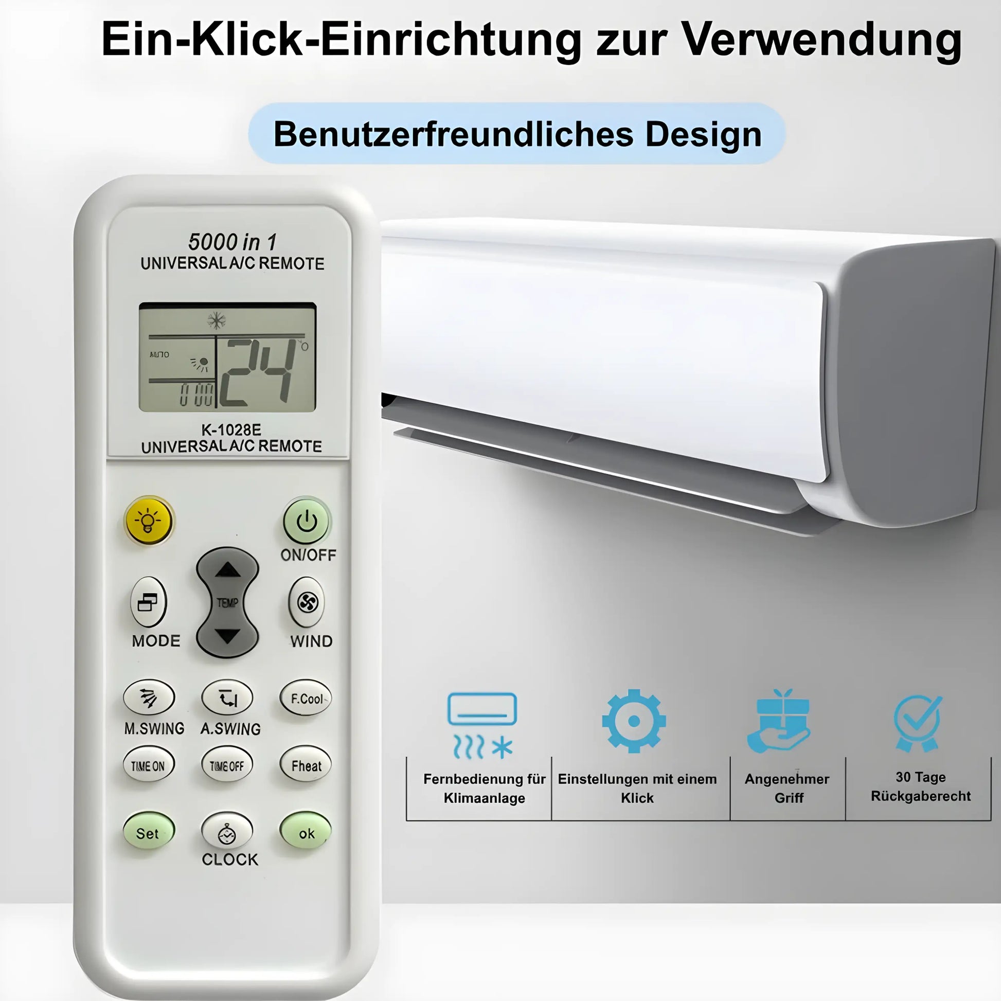Universal Klimaanlagen Fernbedienung mit Ein-Klick-Einrichtung und benutzerfreundlichem Design. 30 Tage Rückgaberecht.