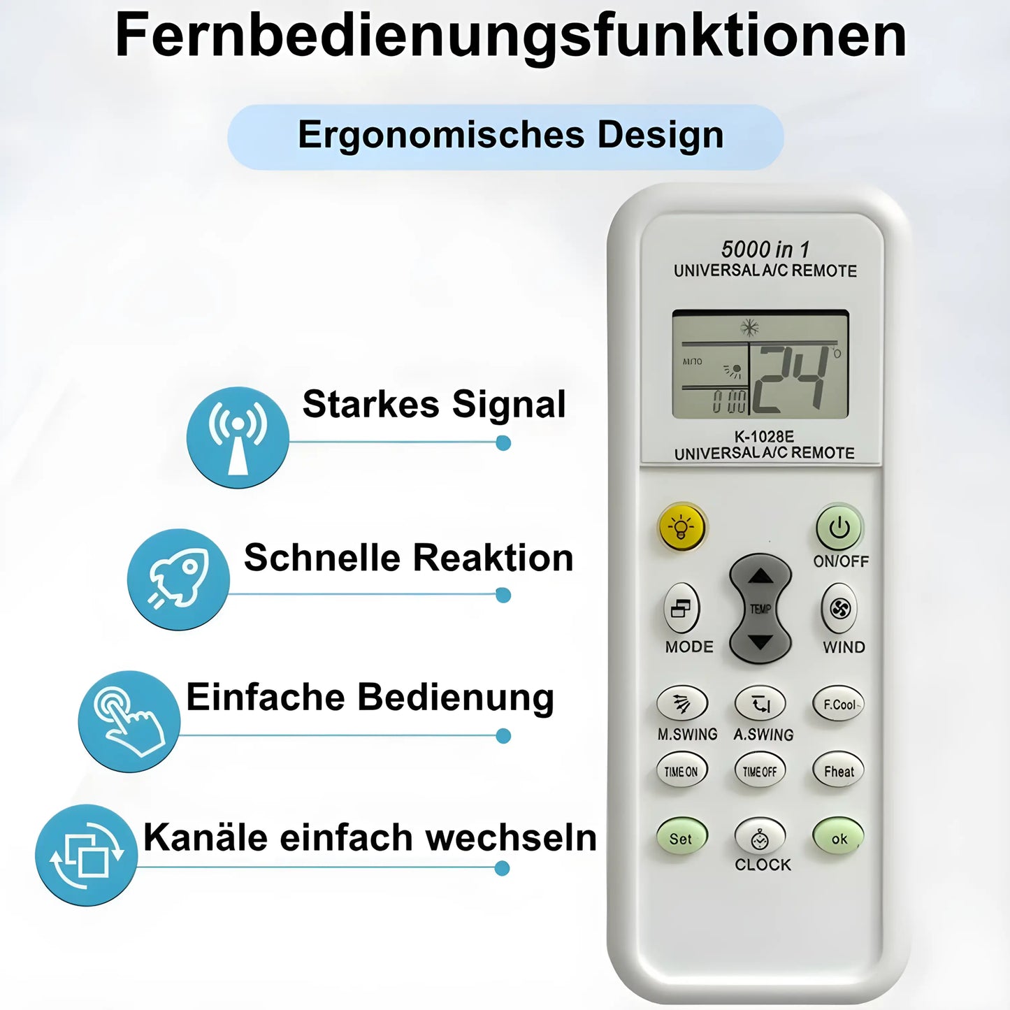 Fernbedienungsfunktionen der Universal Klimaanlagen Fernbedienung. Ergonomisches Design, schnelles Signal und einfache Bedienung.