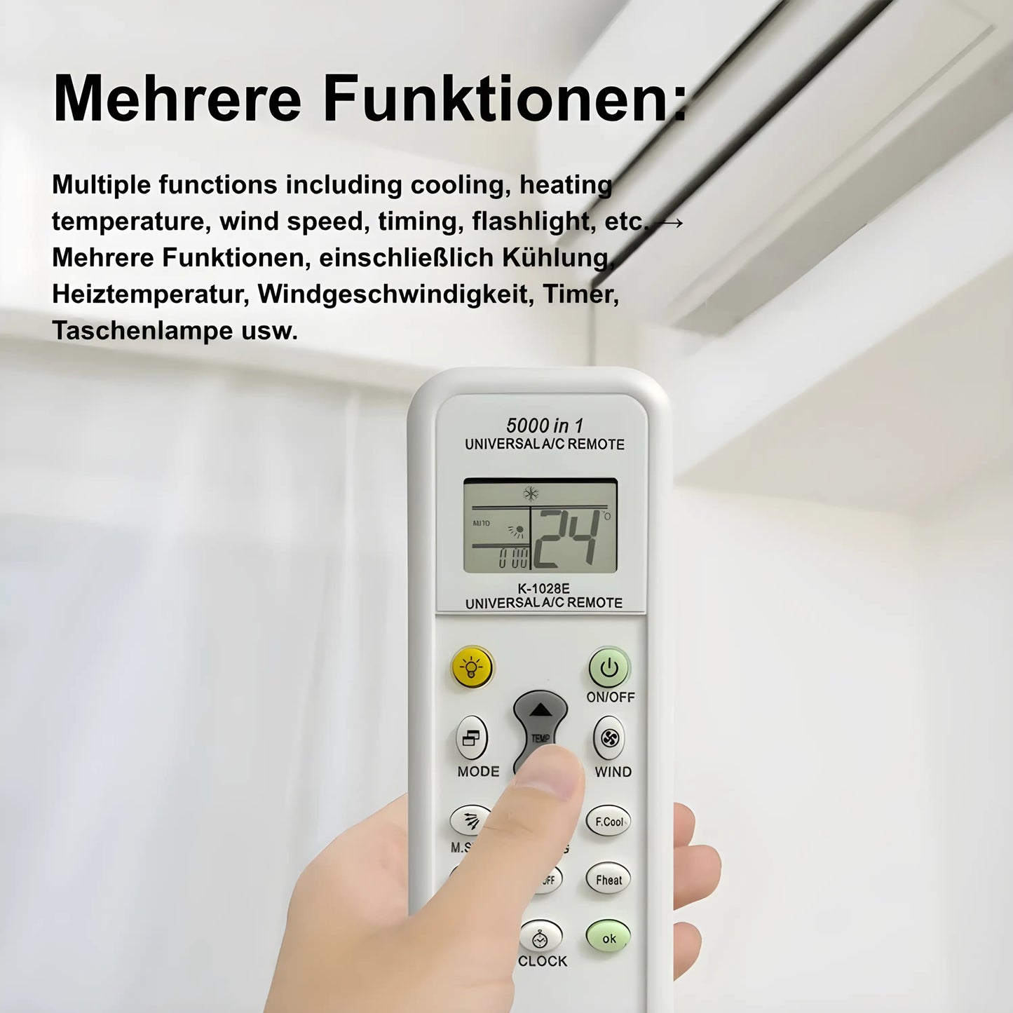 Universal Klimaanlagen Fernbedienung mit Mehrfachfunktionen: Kühlung, Heizung, Windgeschwindigkeit und Timer. K-1028E Modell.