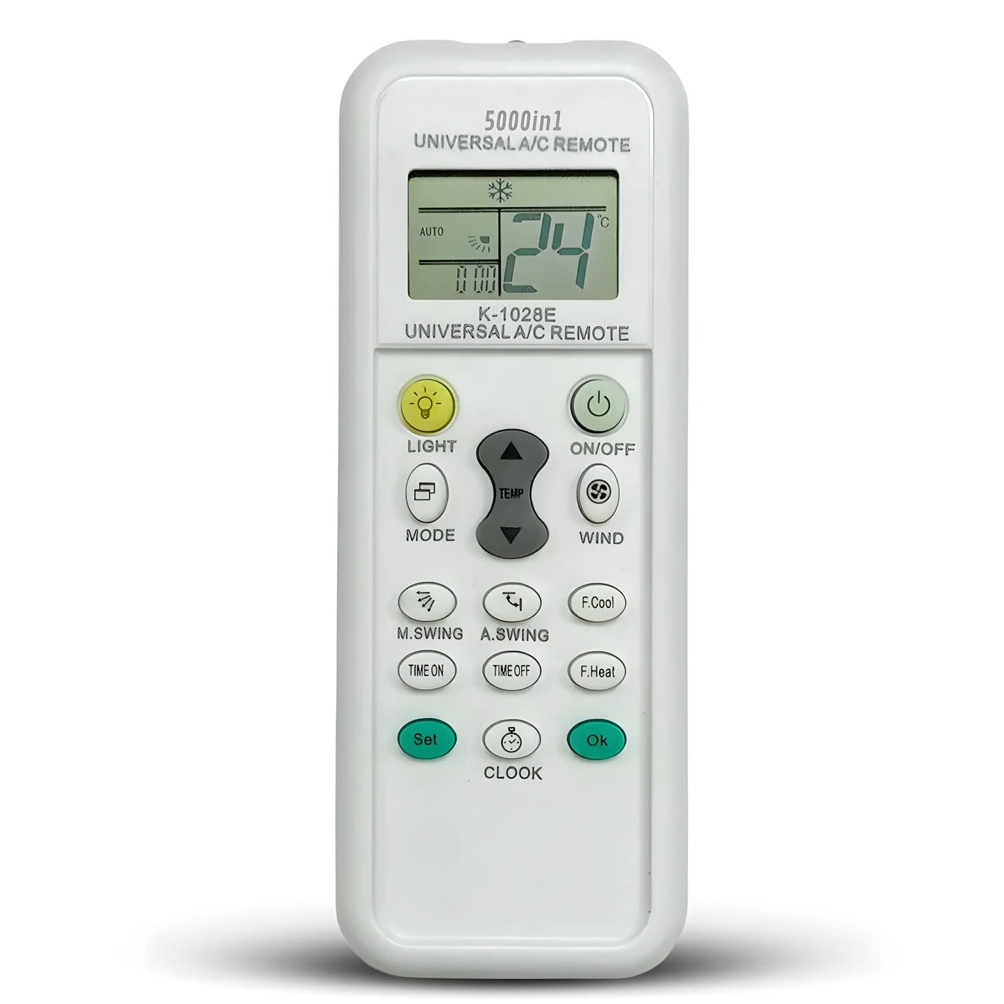 Detaillierte Vorderansicht der 5000-in-1 Universal Klimaanlagen Fernbedienung K-1028E mit LCD Display.